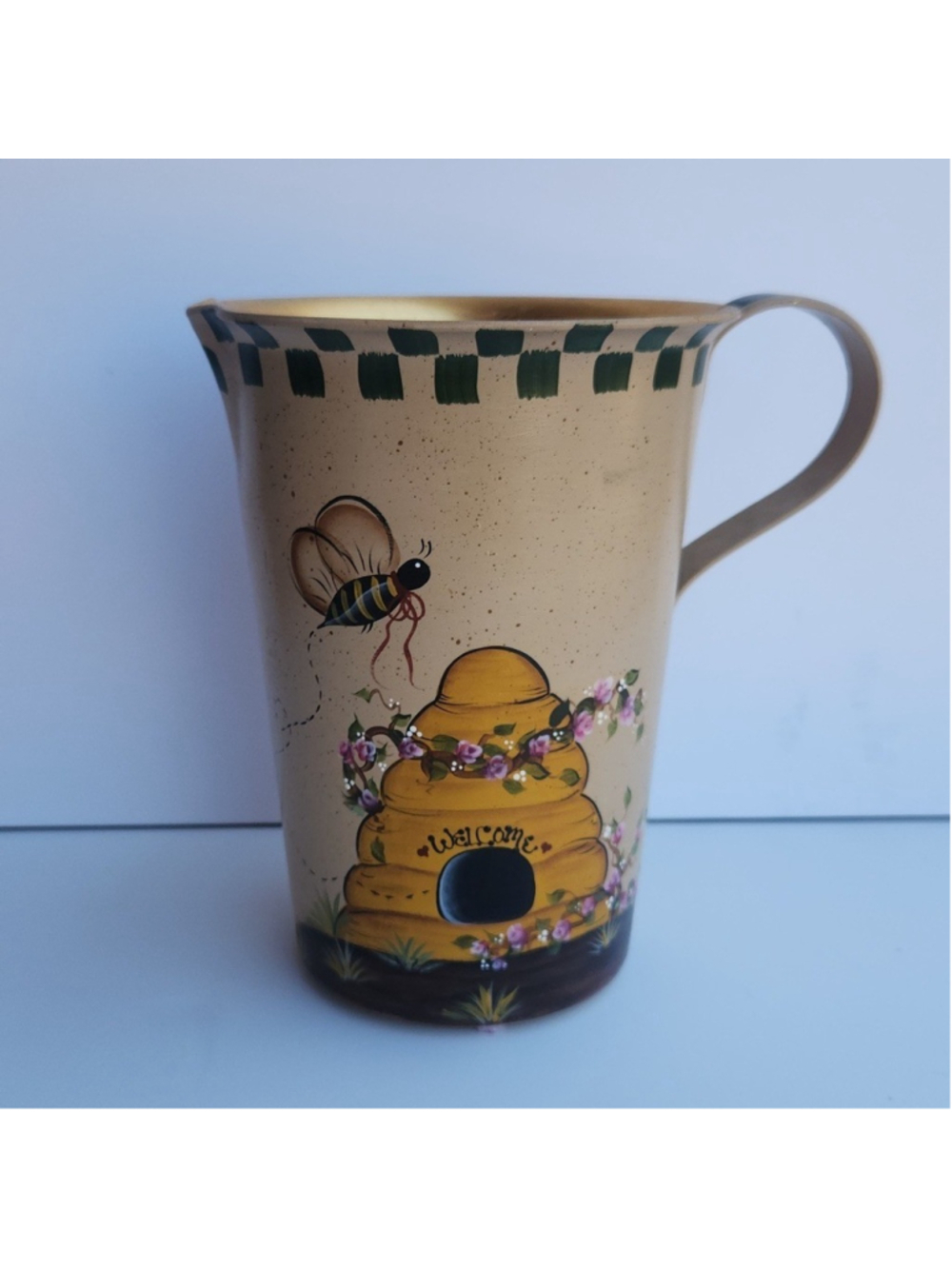 Hand-Painted Bee and Beehive Pitcher